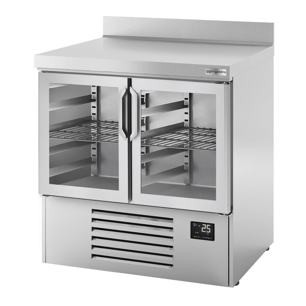 Chladicí stůl PREMIUM PLUS - 978x700 mm - se 2 skleněnými dveřmi - Se zadní lištou