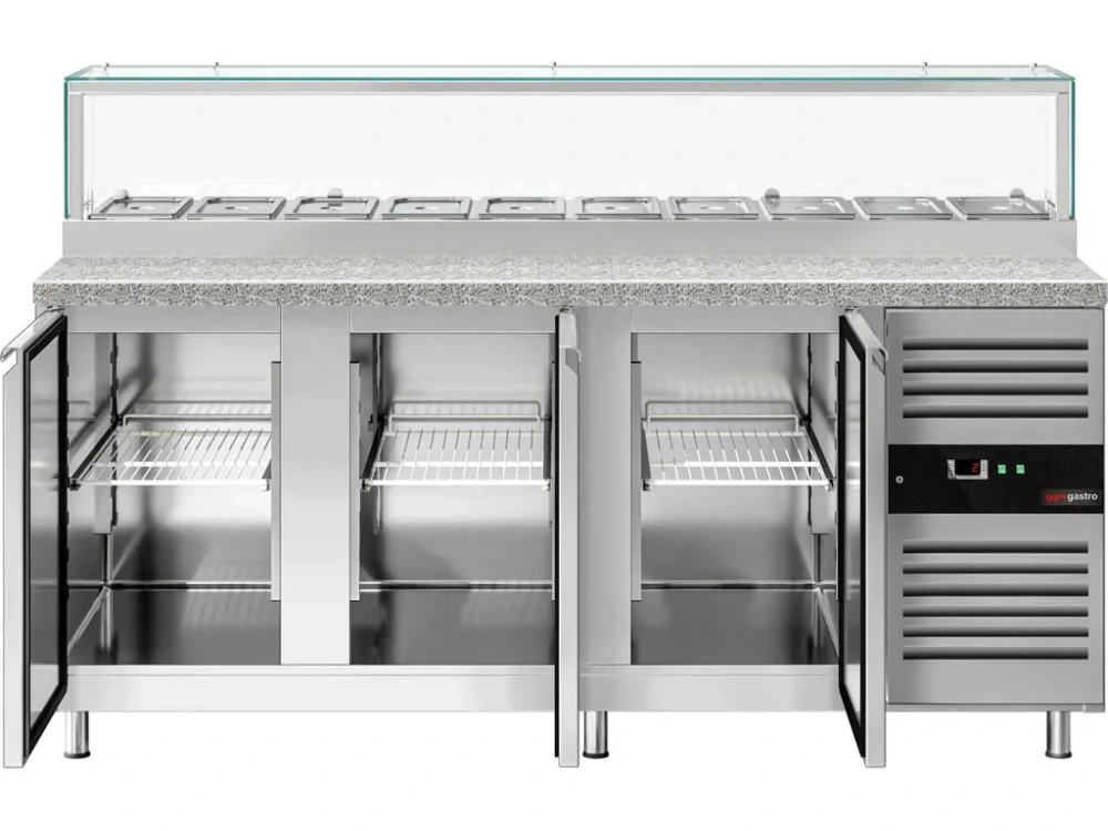 Saladeta PREMIUM - 2020 mm - 3 dveře - se skleněným nástavcem pro 10x GN 1/3 & 1 police - žulová pracovní deska