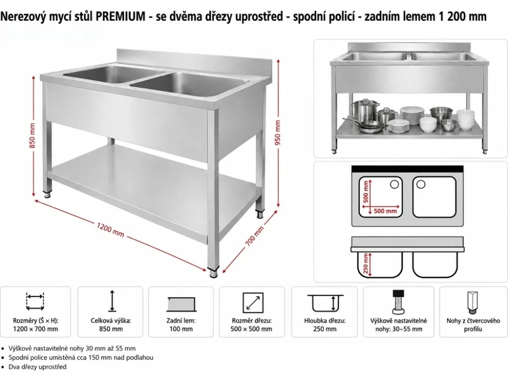 Nerezový mycí stůl PREMIUM - se dvěma dřezy uprostřed - spodní policí - zadním lemem 1 200 mm