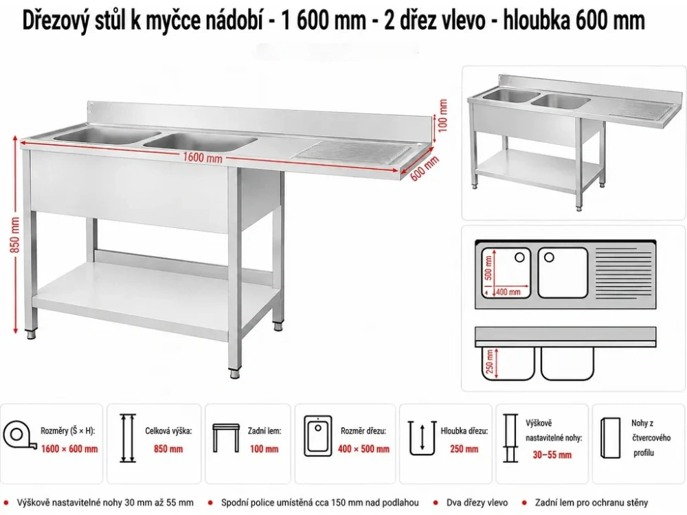 Nerezový dřez k myčce nádobí - 1,6 m, 2 umyvadla vlevo, hloubka 60 cm