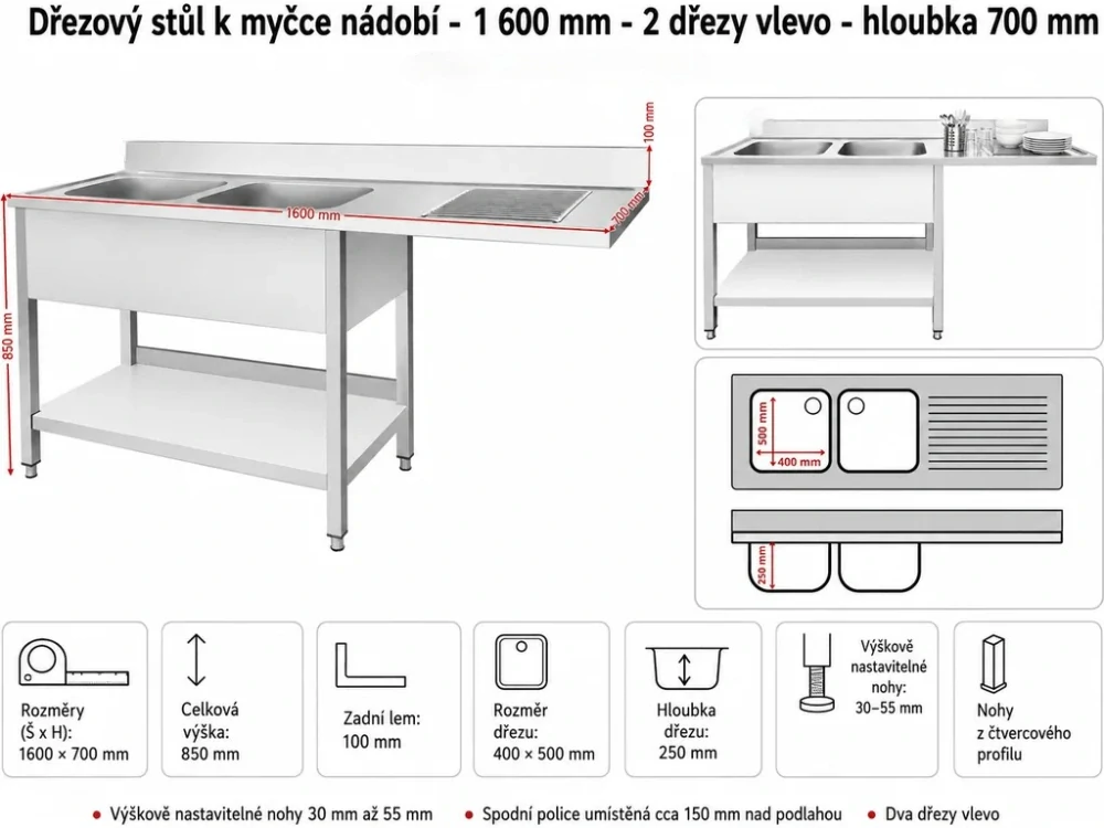 Nerezový dřez k myčce nádobí - 1,6 m, 2 umyvadla vlevo, hloubka 70 cm