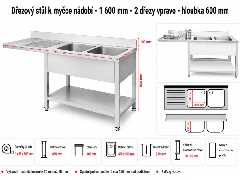 Nerezový dřez k myčce nádobí - 1,6 m, 2 umyvadla vpravo, hloubka 60 cm