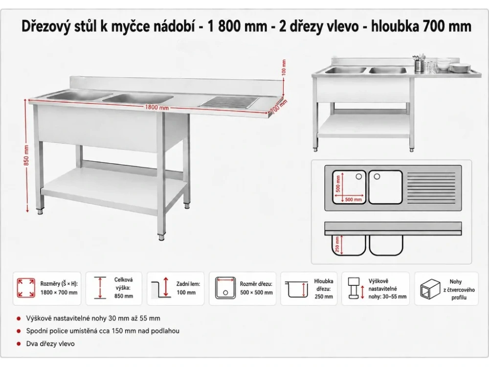 Nerezový dřez k myčce nádobí - 1,8 m, 2 umyvadla vlevo, hloubka 70 cm
