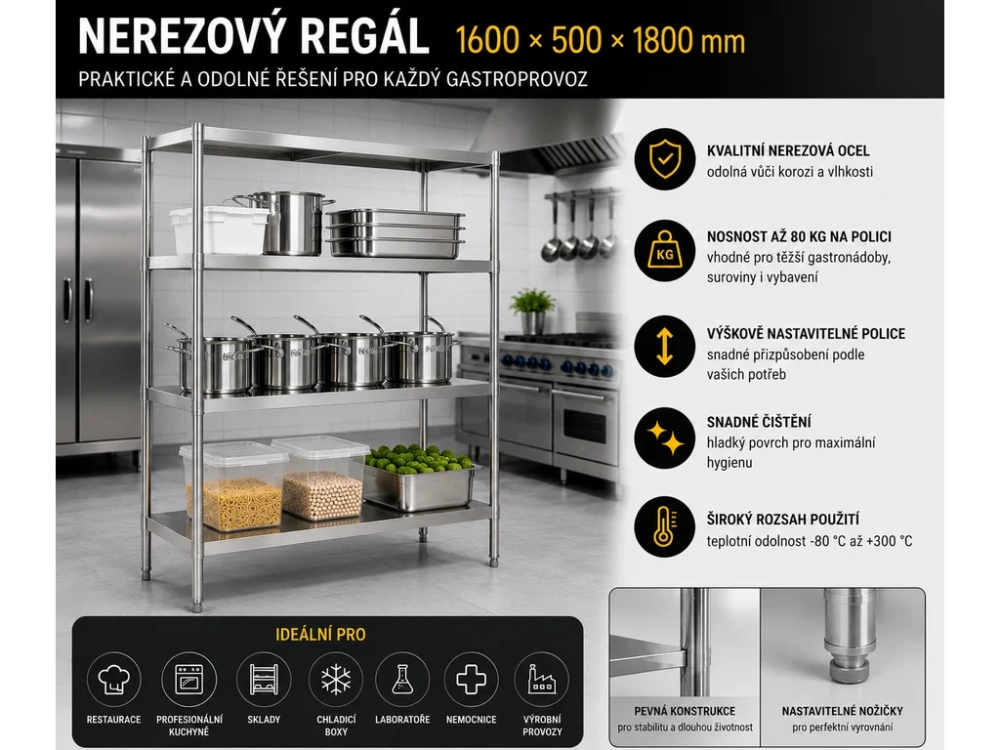 Regál z nerezové oceli 1600 x 500 x 1800 mm