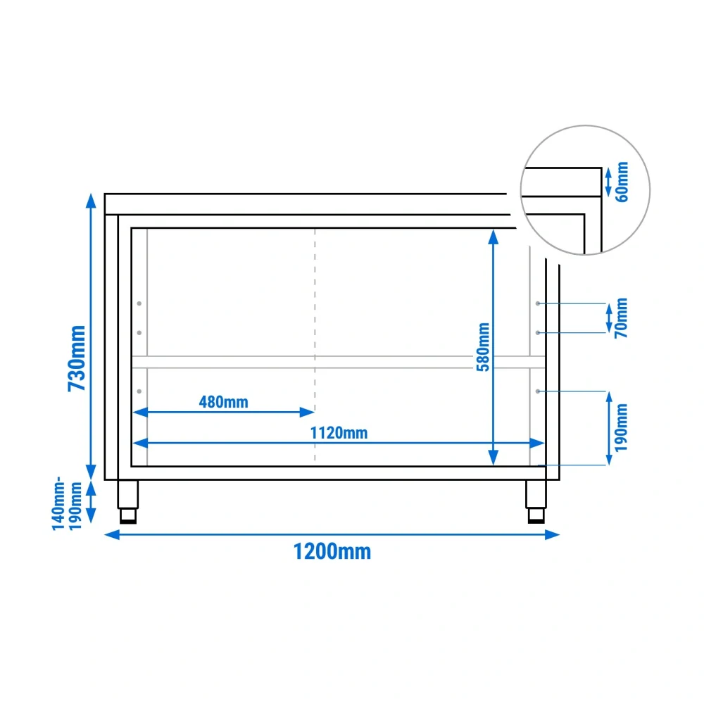 Nerezový pracovní stůl se skřínkou bez zadního lemu 120x60x85cm