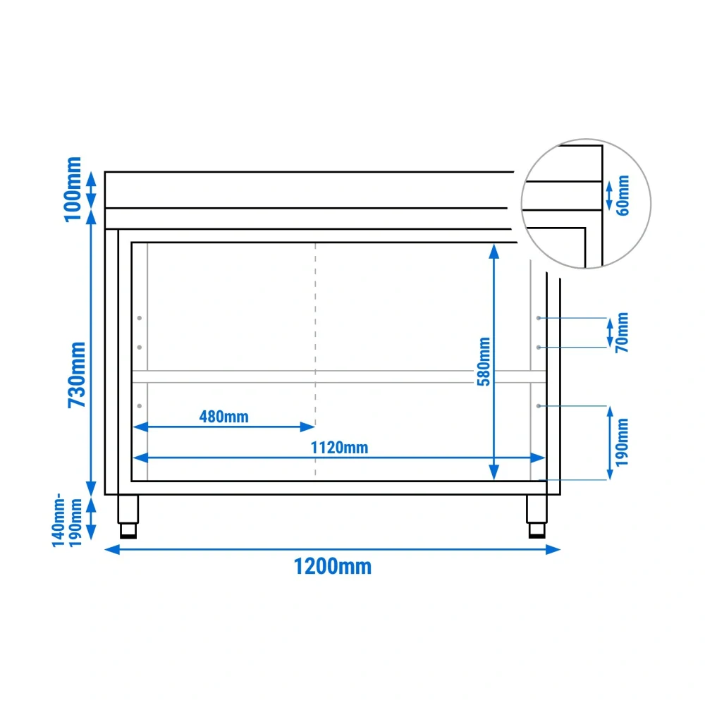 Nerezový pracovní stůl se skřínkou a zadním lemem 120x60x85cm