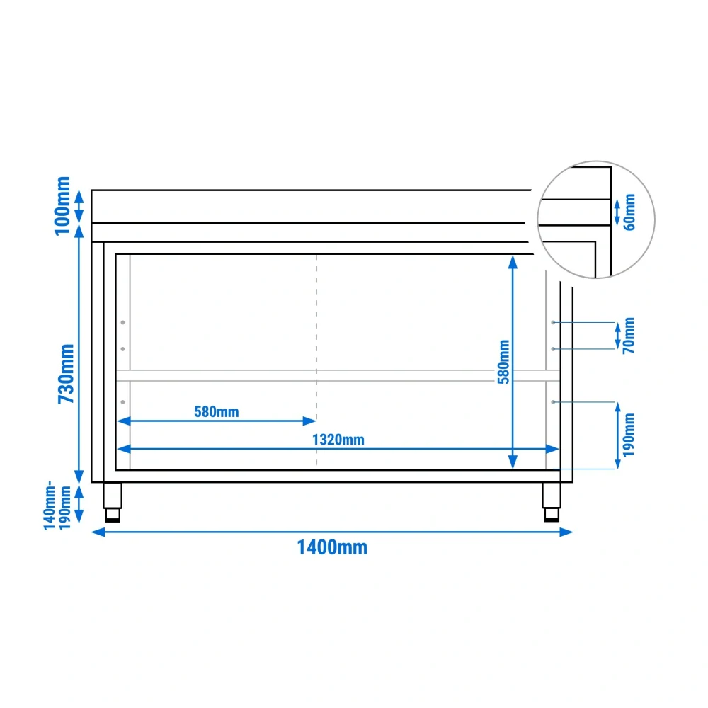 Nerezový pracovní stůl se skřínkou a zadním lemem 140x60x85cm