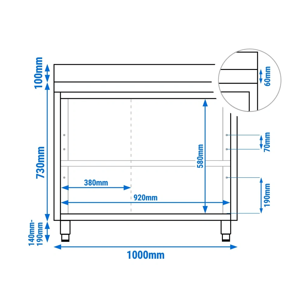 Nerezový pracovní stůl se skřínkou a zadním lemem 100x70x85cm
