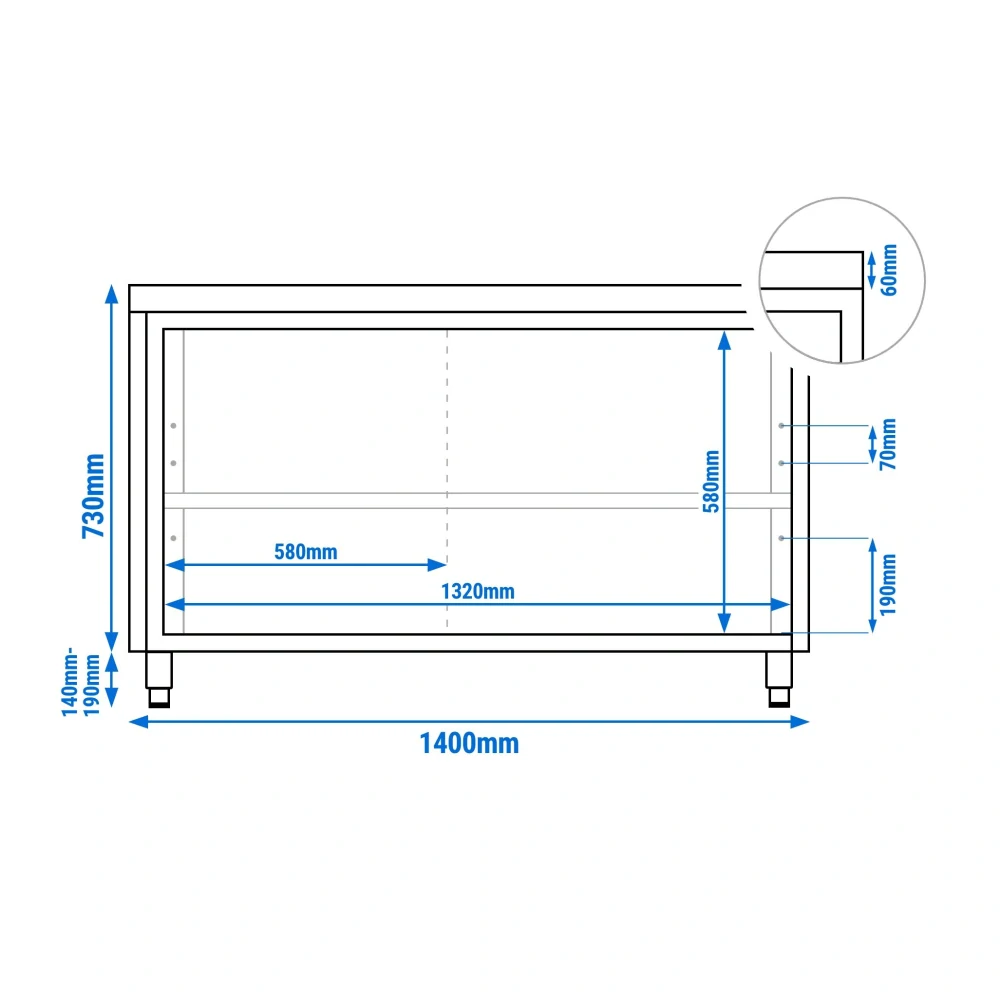 Nerezový pracovní stůl se skřínkou bez zadního lemu 140x70x85cm
