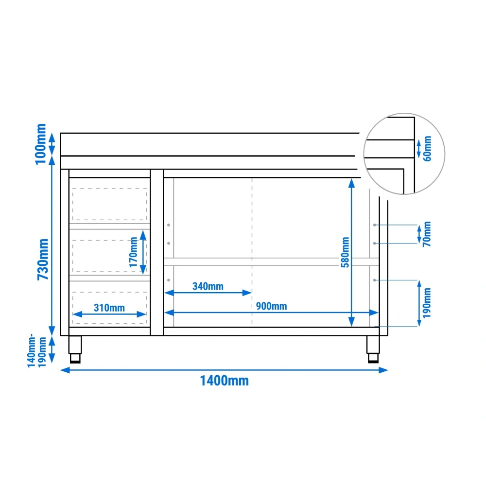 Nerezový pracovní stůl se skříňkou a zásuvkami vlevo 140x60x85cm