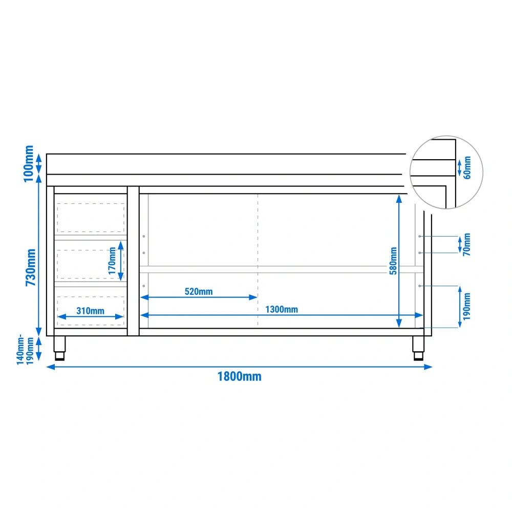 Nerezový pracovní stůl se skříňkou a zásuvkami vlevo 180x60x85cm