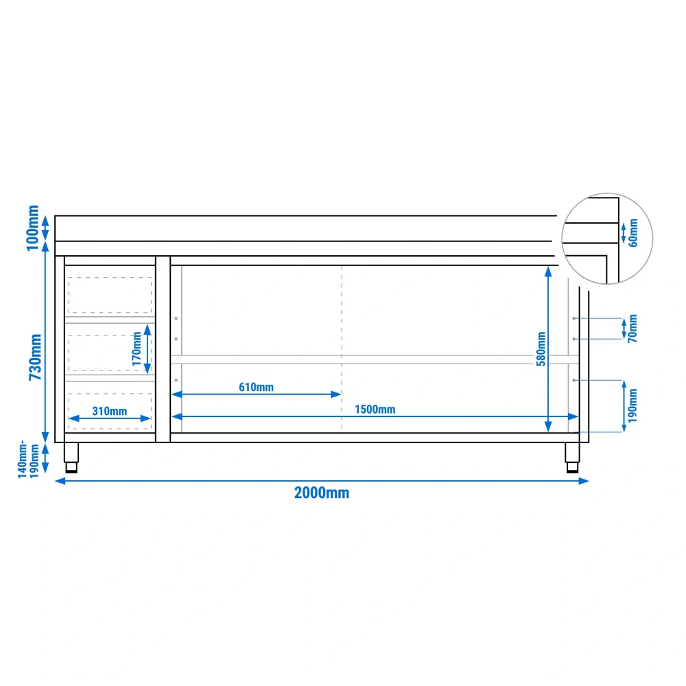 Nerezový pracovní stůl se skříňkou a zásuvkami vlevo 200x60x85cm