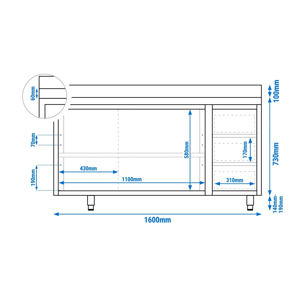 Nerezový pracovní stůl se skříňkou a zásuvkami vpravo 160x60x85cm