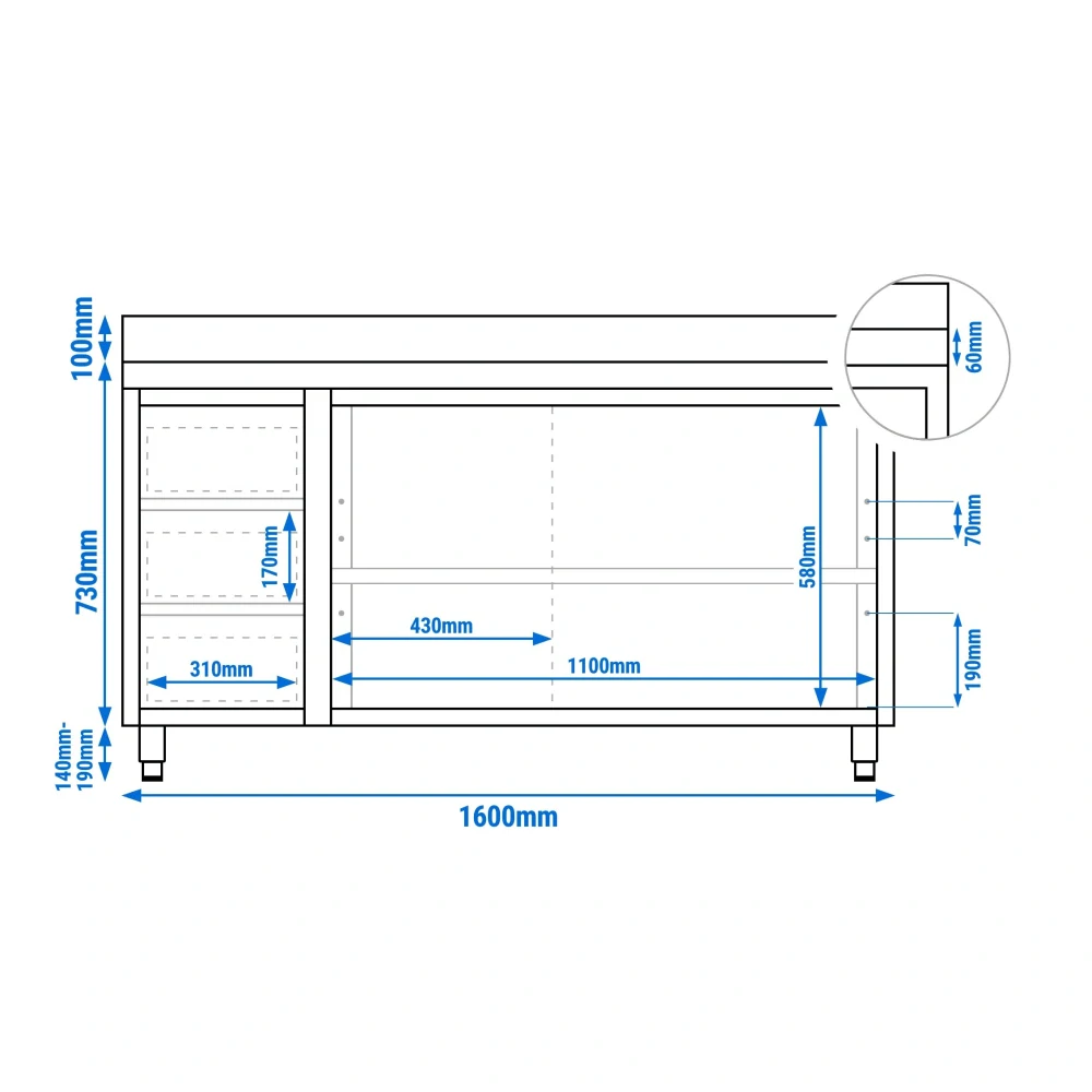 Nerezový pracovní stůl se skříňkou a zásuvkami vlevo 160x70x85cm