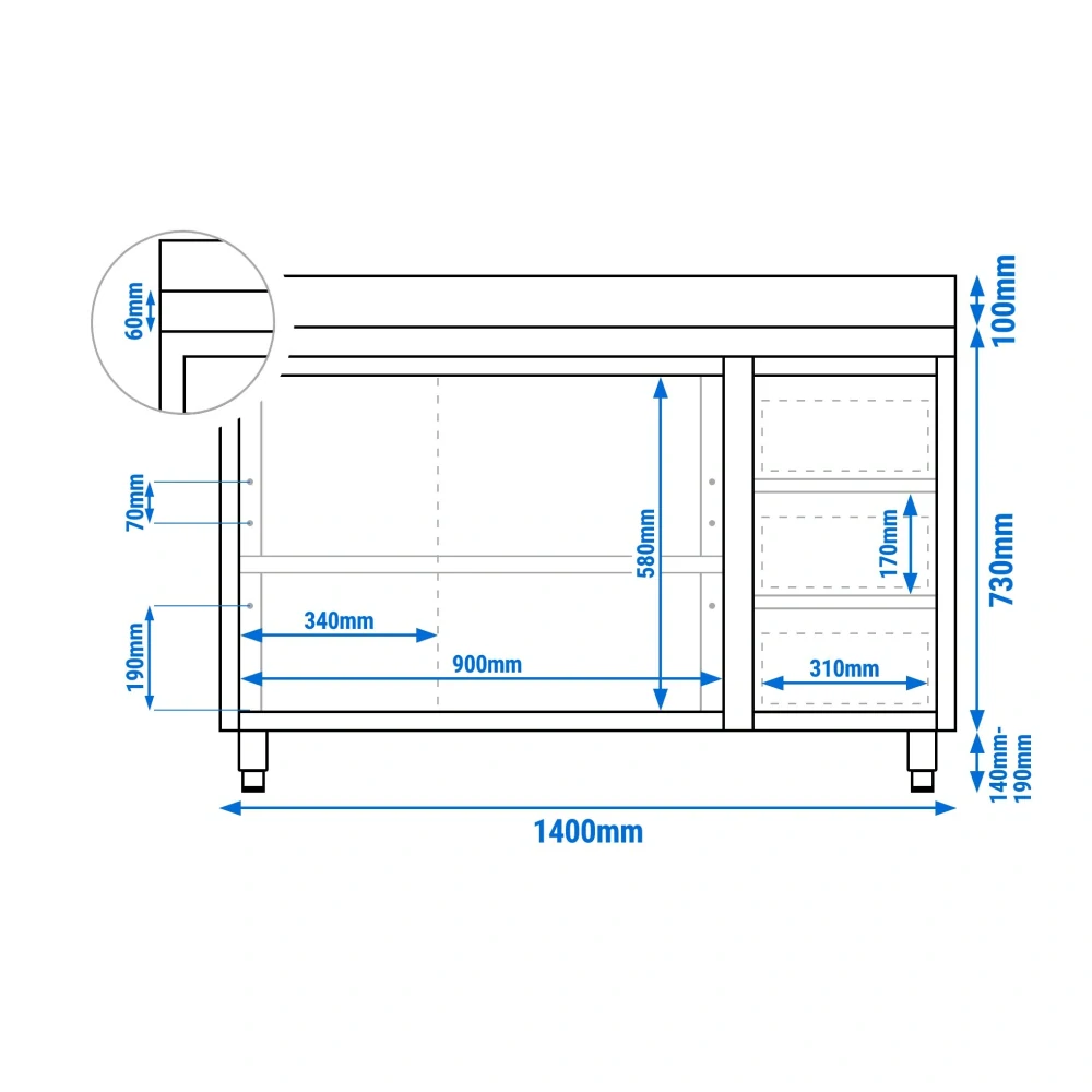 Nerezový pracovní stůl se skříňkou a zásuvkami vpravo 140x70x85cm