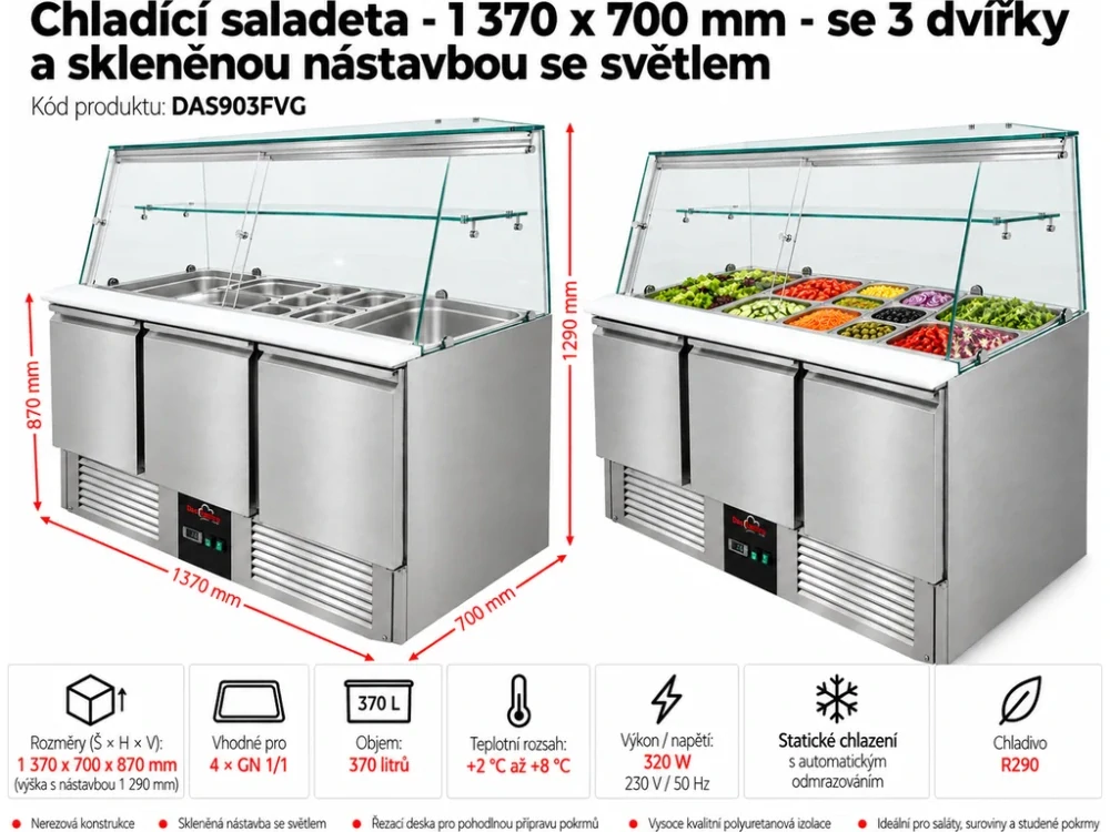 Chladící saladeta - 1 370 x 700 mm - se 3 dvířky a skleněnou nástavbou se světlem