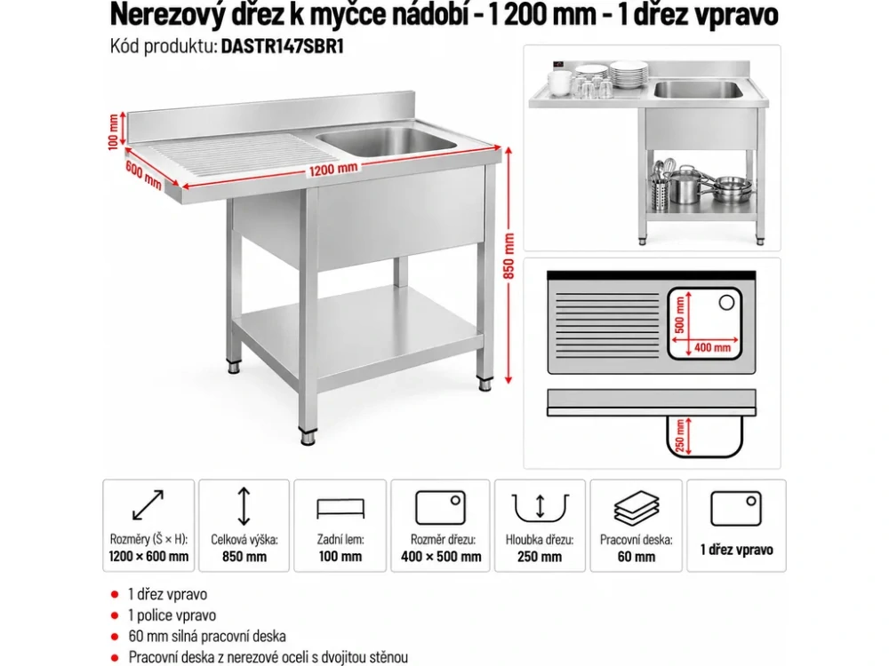 Nerezový dřez k myčce nádobí - 1 200 mm - 1 dřez vpravo - hloubka 600 mm