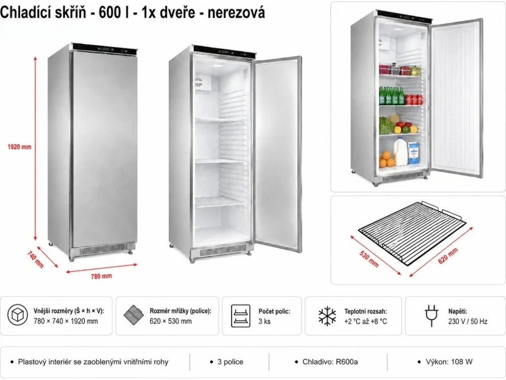 Chladící skříň - 600 l - 1x dveře - nerezová