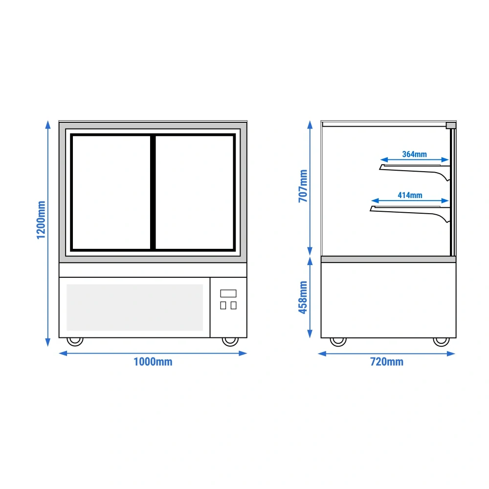 Cukrářská chladicí vitrína - 1,0 m - 2 police - zrcadlová přední strana - hranatý (LED)
