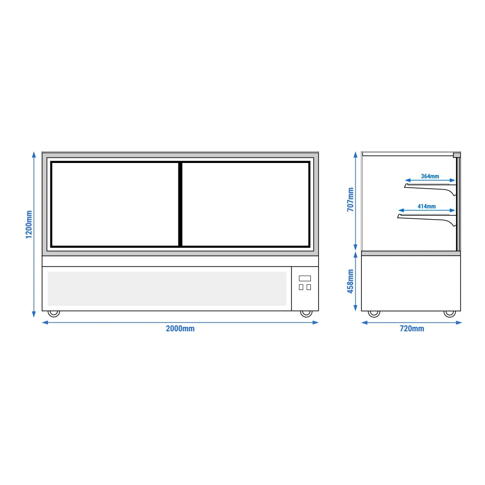 Cukrářská chladicí vitrína - 2,0 m - 2 police - zrcadlová přední strana - hranatý (LED)
