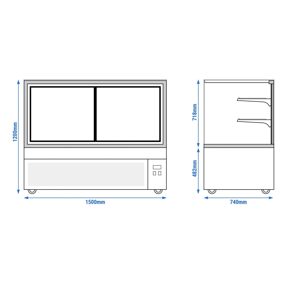 Cukrárenský pult - 1,5 m - se 2 policemi - přední sklo hranaté (LED)