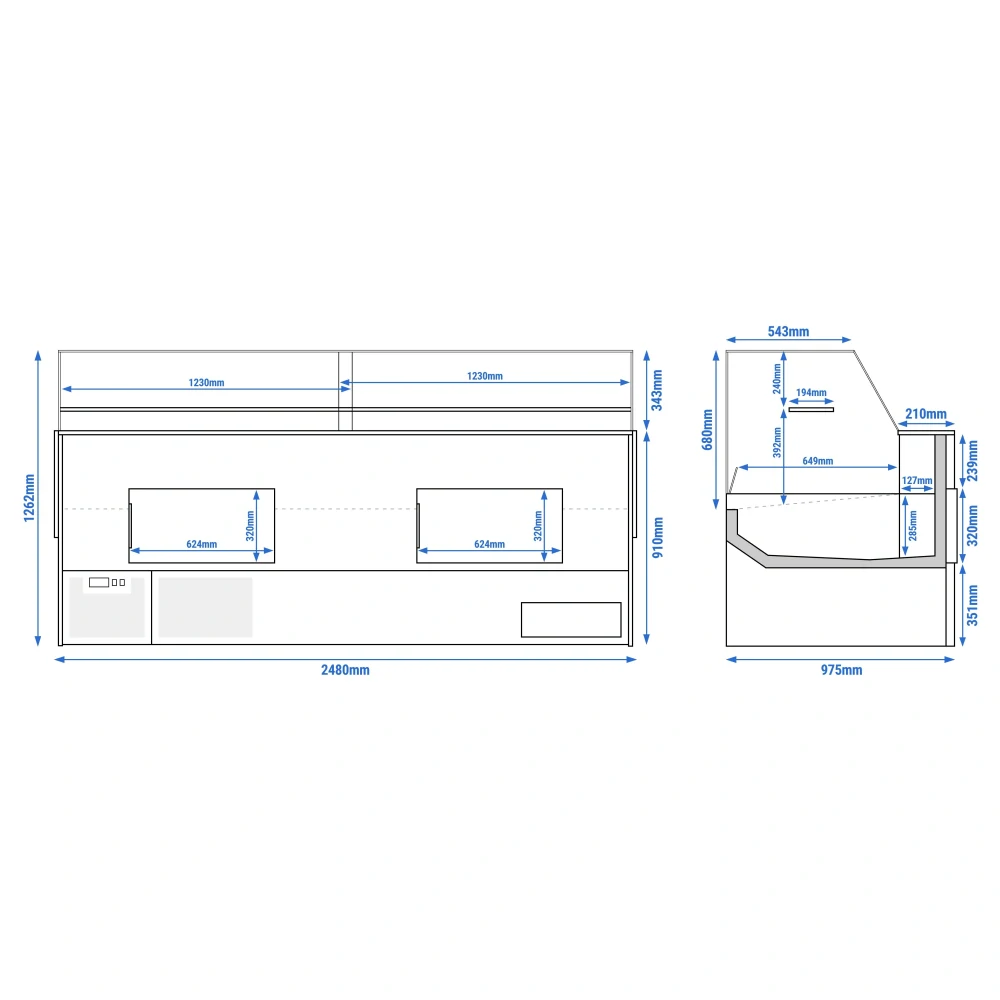 Chladicí/masný pult - 2480 mm - s LED osvětlením & 1 policí