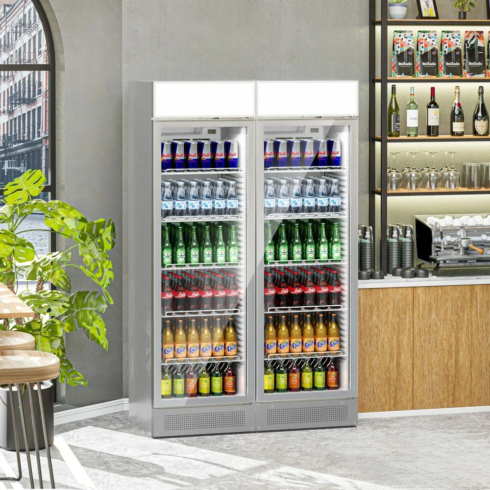 (2 kusy) Chladnička na nápoje - 690 litrů - bezrámová konstrukce - se 2 skleněnými dveřmi a reklamním displejem