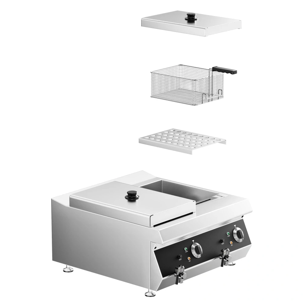 Dvojitá fritéza - 600 mm - 13+13 litrů - 9 kW - s vypouštěcím kohoutem