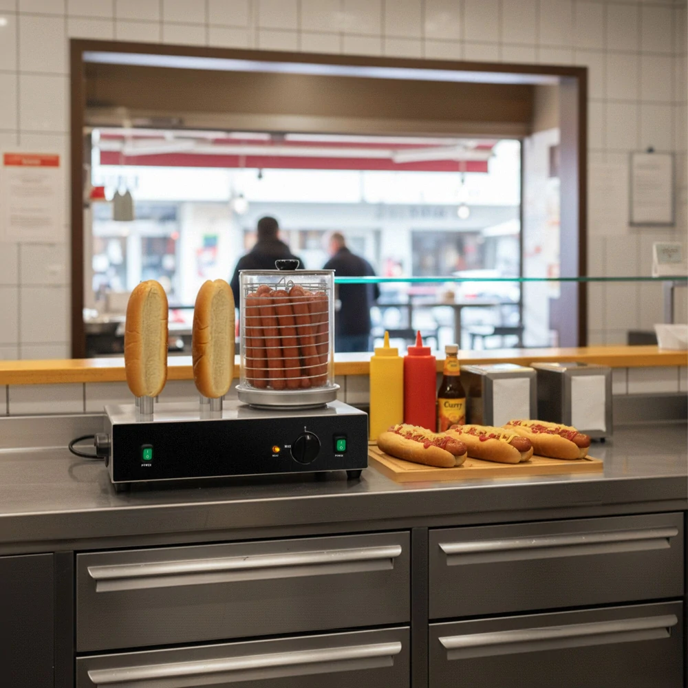 Hotdogovač / Ohřevná vitrína - 1,1 kW - se 4 trny na housky