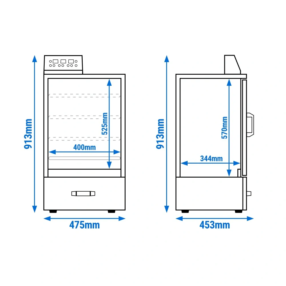 Udírna - digitální - 475x450x912 mm - s 3 policemi a se skleněnými dveřmi - černá