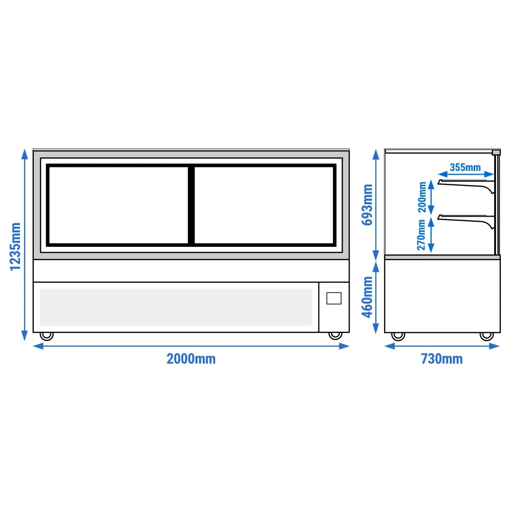 Cukrárenský pult MADRID - obslužná - 890 l - 2 000 mm - dvojité zasklení - s 2 policemi - černá matná