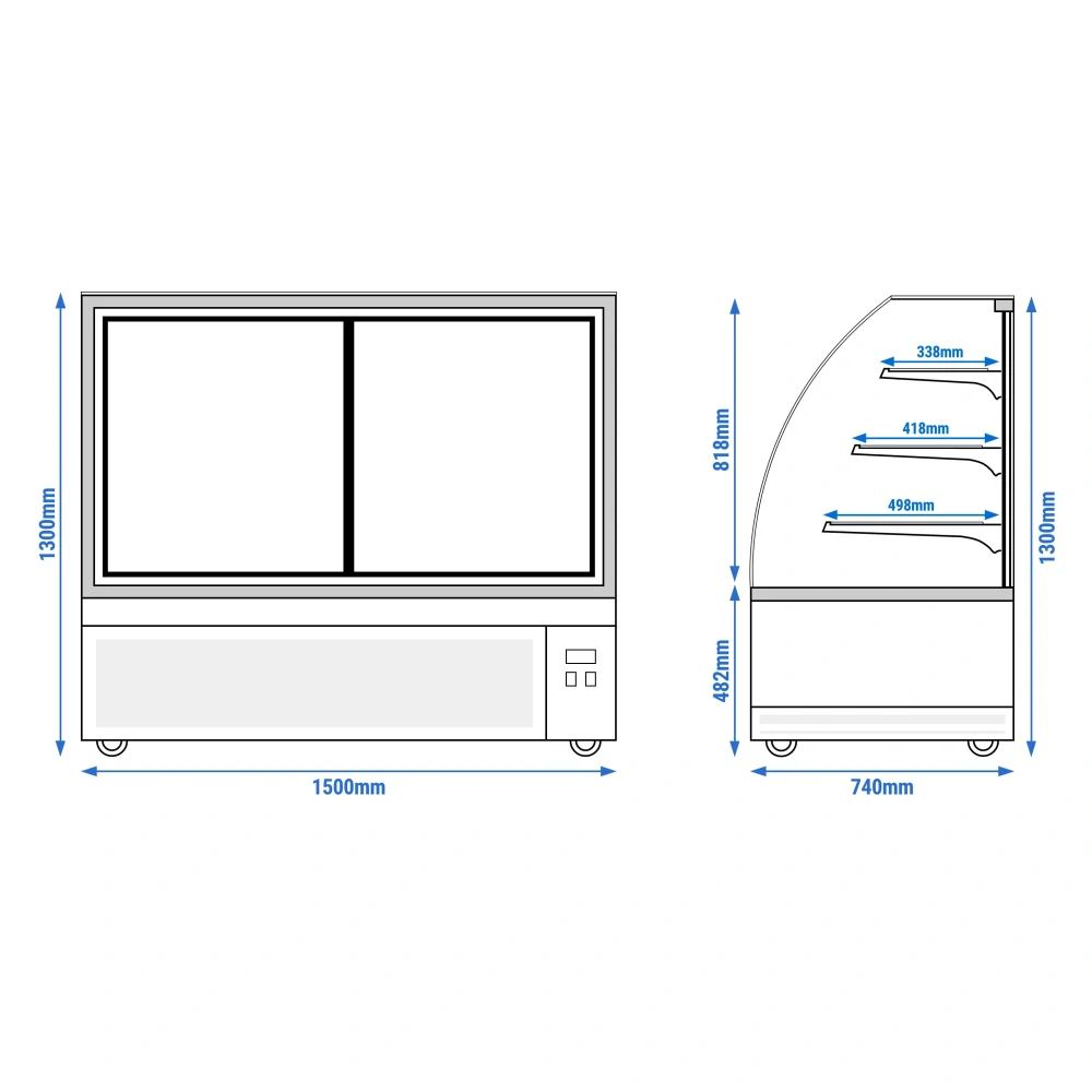 Cukrárenský pult - pro dorty - 524 l - 1 500 mm - dvojité zasklení - s 3 policemi - 2 posuvné skleněné dveře