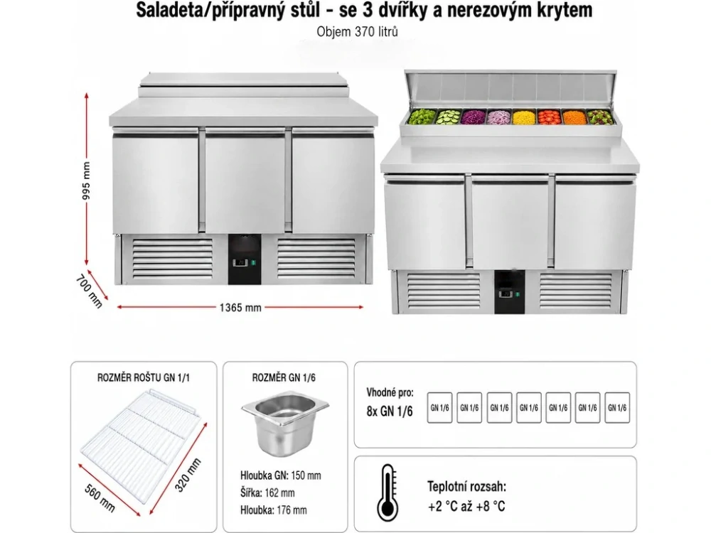 Saladeta / přípravný stůl se 3 dvířky a nerezovým krytem - pro 8x GN 1/6