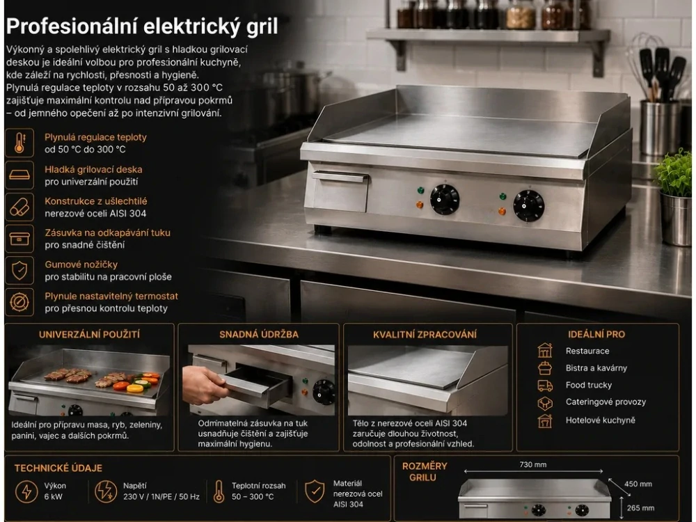 Elektrická grilovací deska 730 mm, 4,4kW