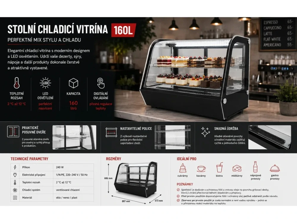 Stolní chladicí vitrína - 160L - černa zaoblená