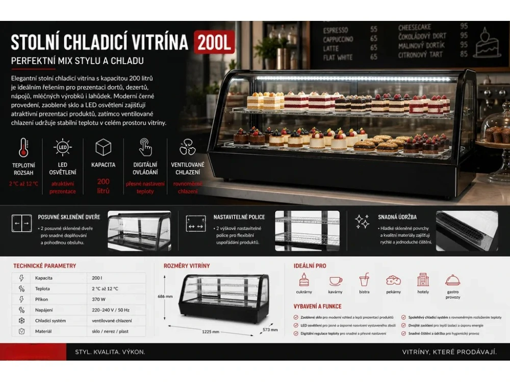 Stolní chladicí vitrína - 200 l - černá zaoblená
