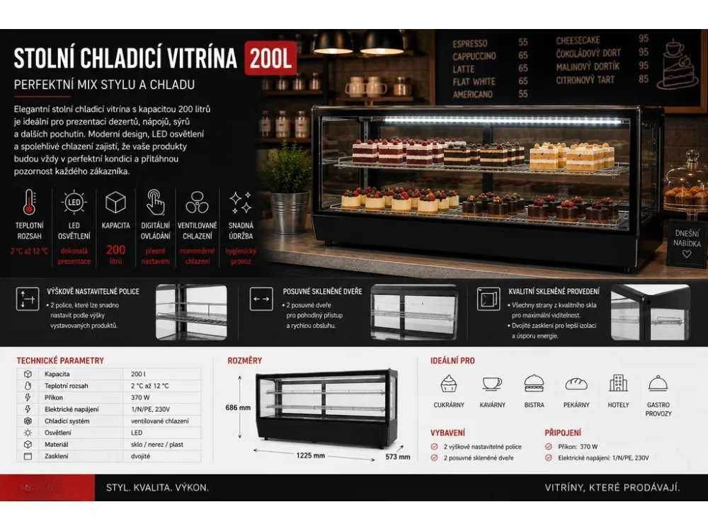 Stolní chladicí vitrína - 200L - černá
