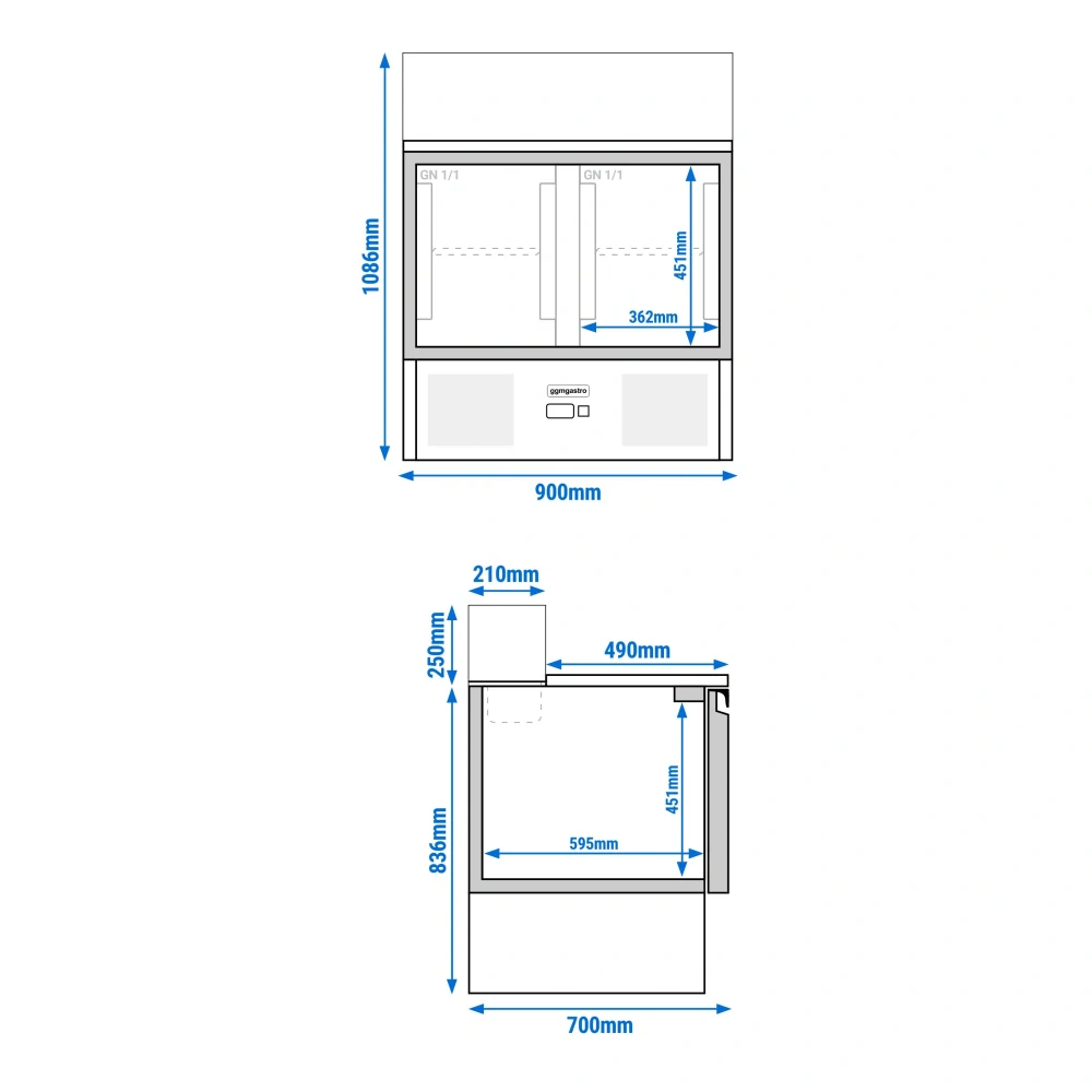 Saladeta PREMIUM - 900 mm - 2 skleněné dveře - Se skleněným nástavcem pro 5x GN 1/6