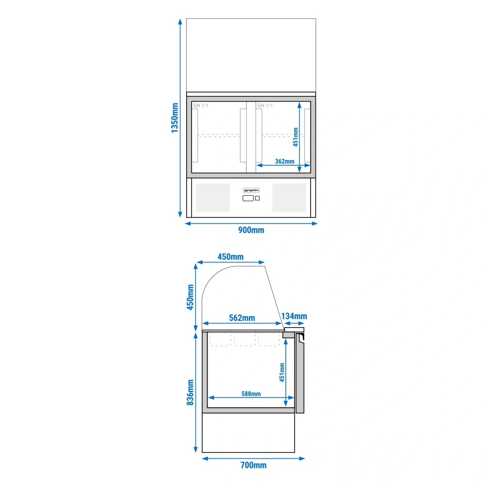 Saladeta PREMIUM - 900 mm - 288 l - 2 skleněné dveře - se skleněným nástavcem pro 2x GN 1/1 & 3x GN 1/6