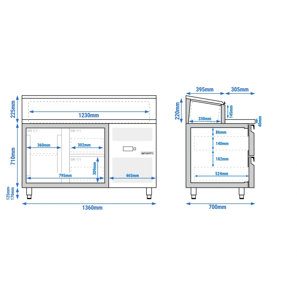 Přípravný chladicí stůl PREMIUM - 1360 mm - 1 dveře & 2 zásuvky - pro 7× GN 1/3
