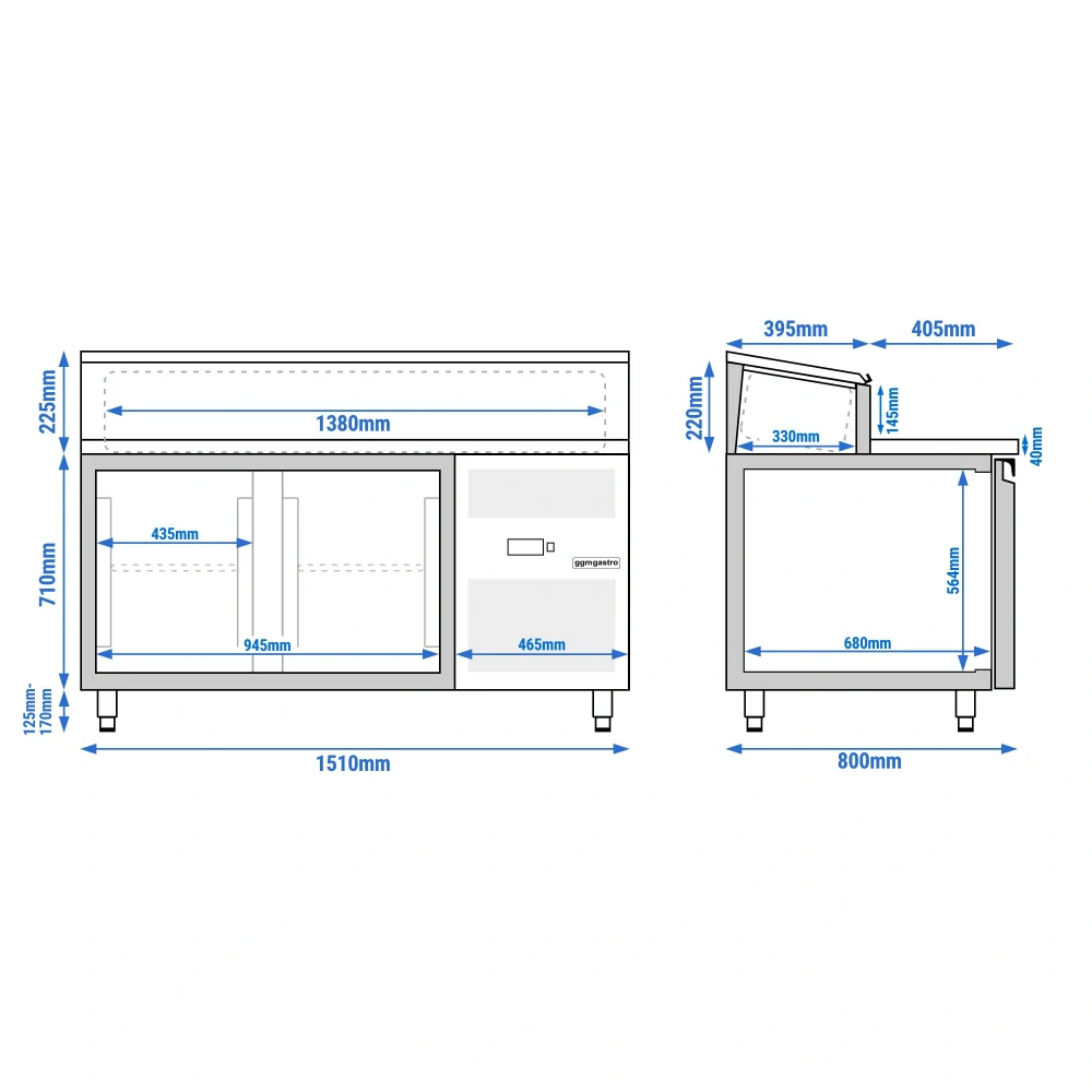 Přípravný chladicí stůl PREMIUM - 1510 mm - 2 dveře - pro 8× GN 1/3