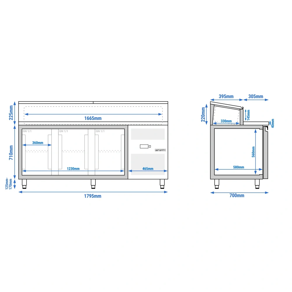 Přípravný chladicí stůl PREMIUM - 1795 mm - 3 dveře - pro 8× GN 1/3