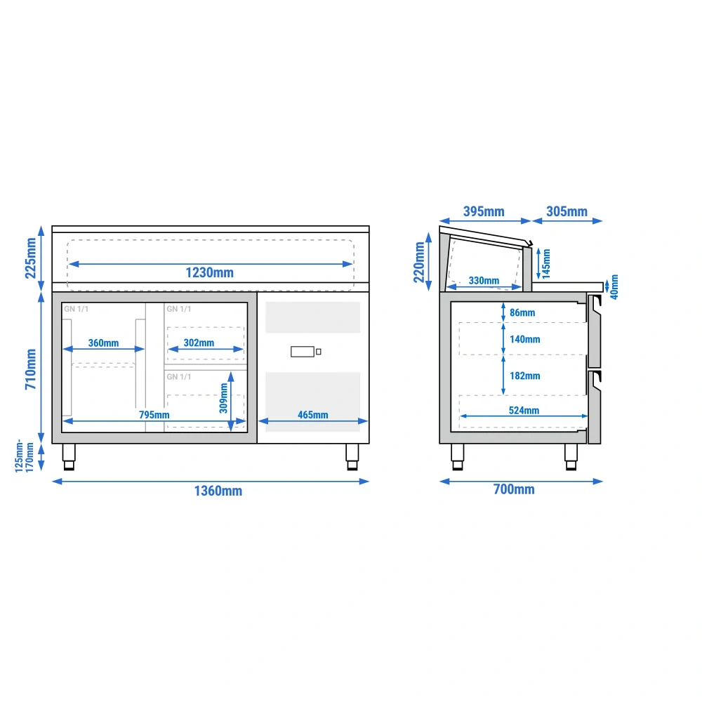 Přípravný stůl ECO - 1360 mm - 1 dveře & 2 zásuvky - Pro 7× GN 1/3