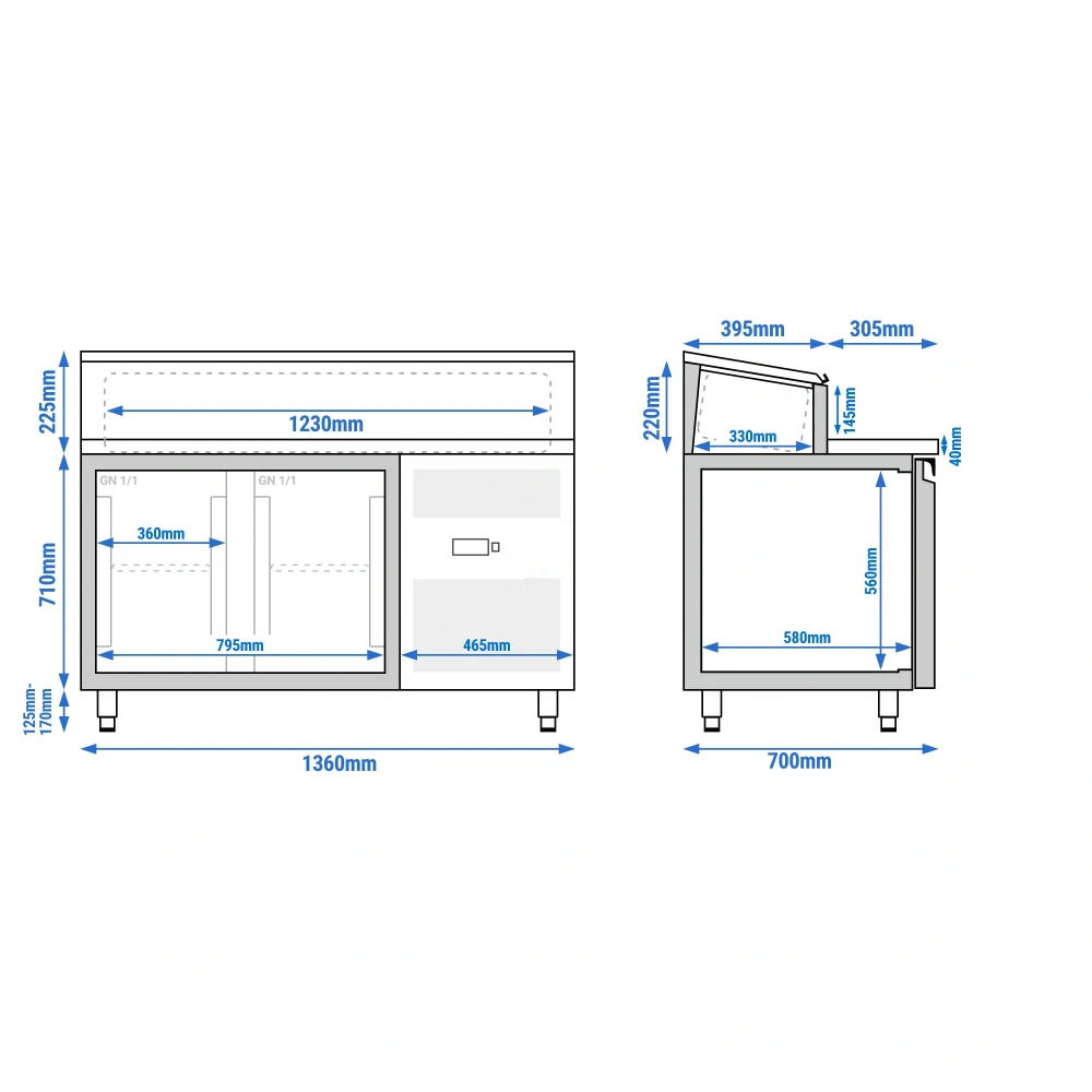 Přípravný stůl ECO - 1360mm - 2 dveře - pro 7× GN 1/3