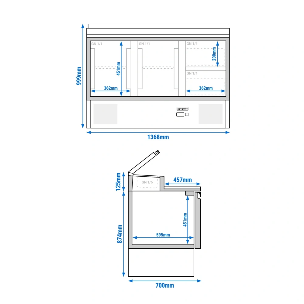 Přípravný stůl Mini PREMIUM - 1368 mm - 2 dveře & 2 zásuvky - pro 8× GN 1/6