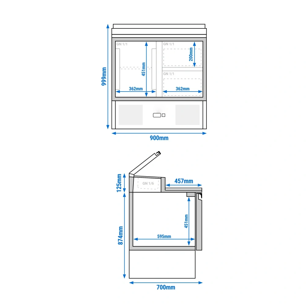 Přípravný stůl Mini PREMIUM - 900 mm - 1 dveře & 2 zásuvky - pro 5× GN 1/6