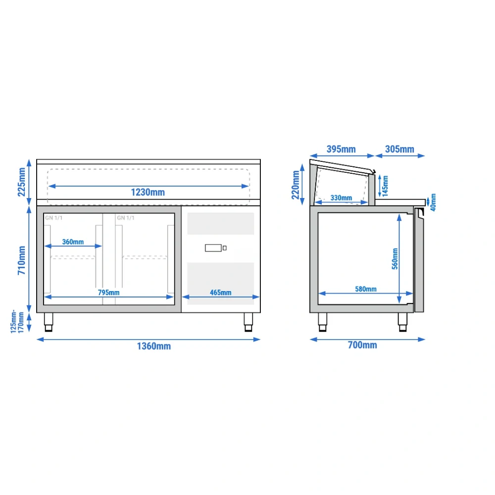 Přípravný stůl PREMIUM - 1360 mm - 2 dveře - Pro 7× GN 1/3