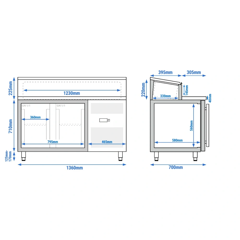 Přípravný stůl PREMIUM - 1360 mm - 2 skleněné dveře - pro 7× GN 1/3