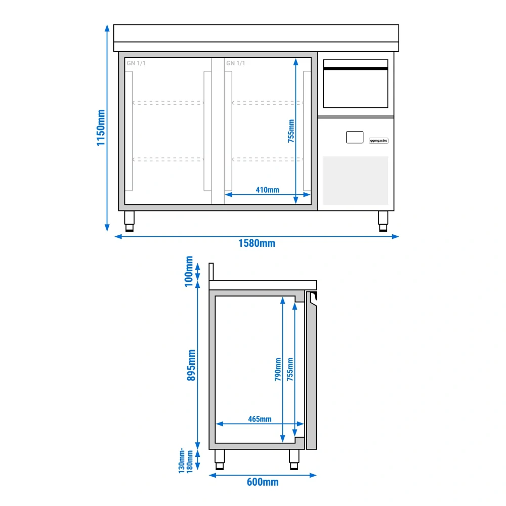 Barový chladicí stůl PREMIUM - 1580x600 mm - se 2 dveřmi, zadní lištou & odklepávačem na kávu