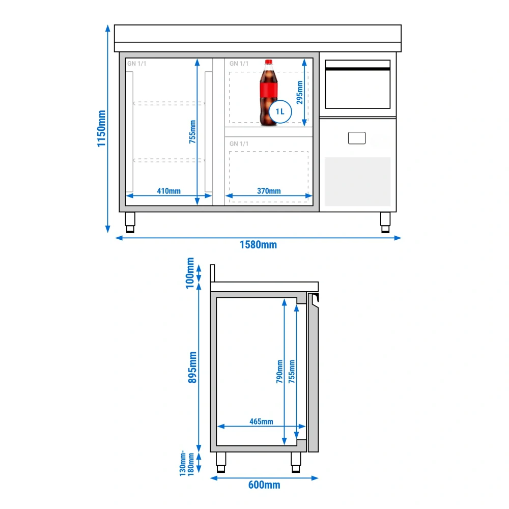 Barový chladicí stůl PREMIUM - 1580x600 mm - s 1 dveřmi, 2 zásuvkami, zadní lištou & odklepávačem na kávu